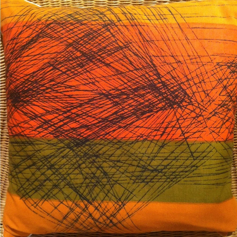 1970’s Red/orange/Olive Abstract Fabric Pillow w Down/Feather Insert
